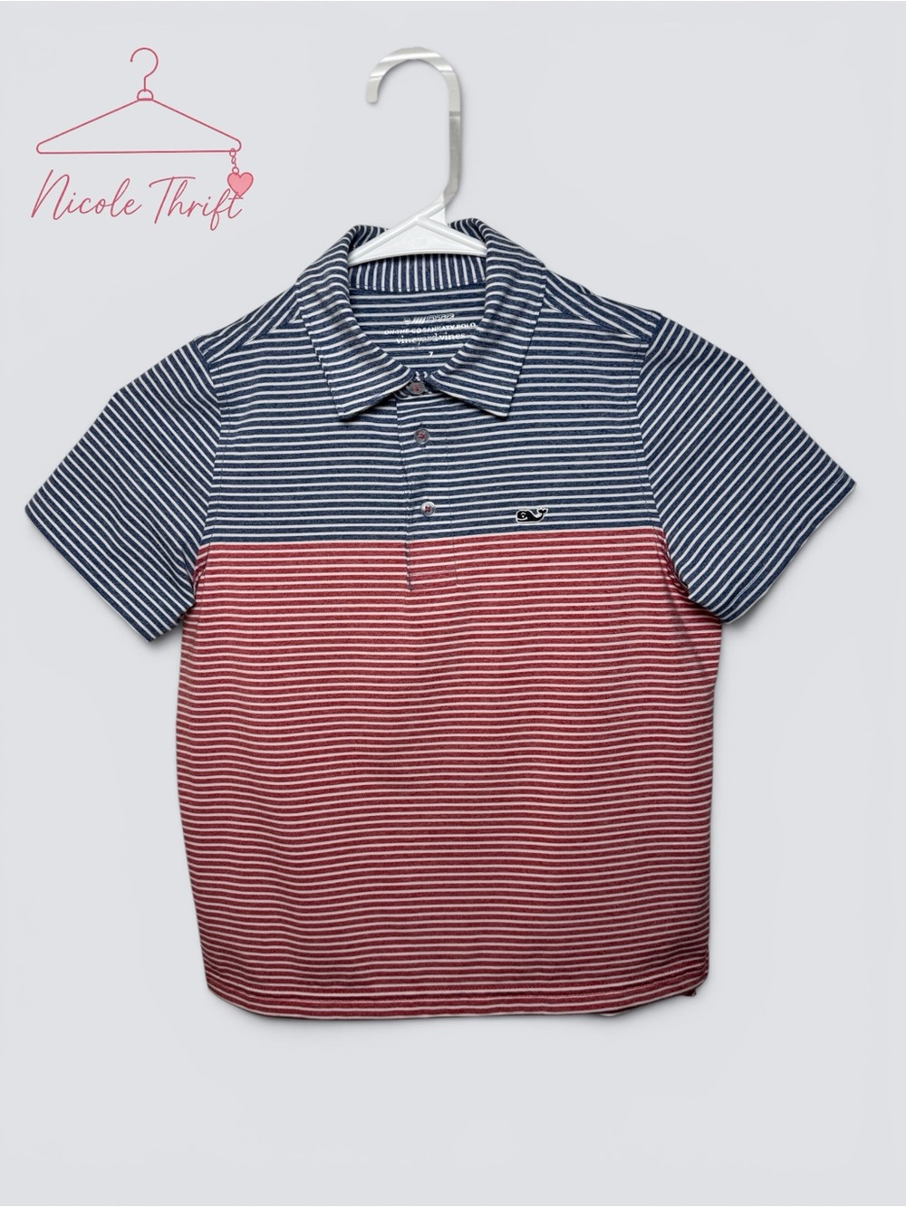 Vineyard Vines Boys Red Navy Striped Polo Shirt Size 7 Whale Logo
